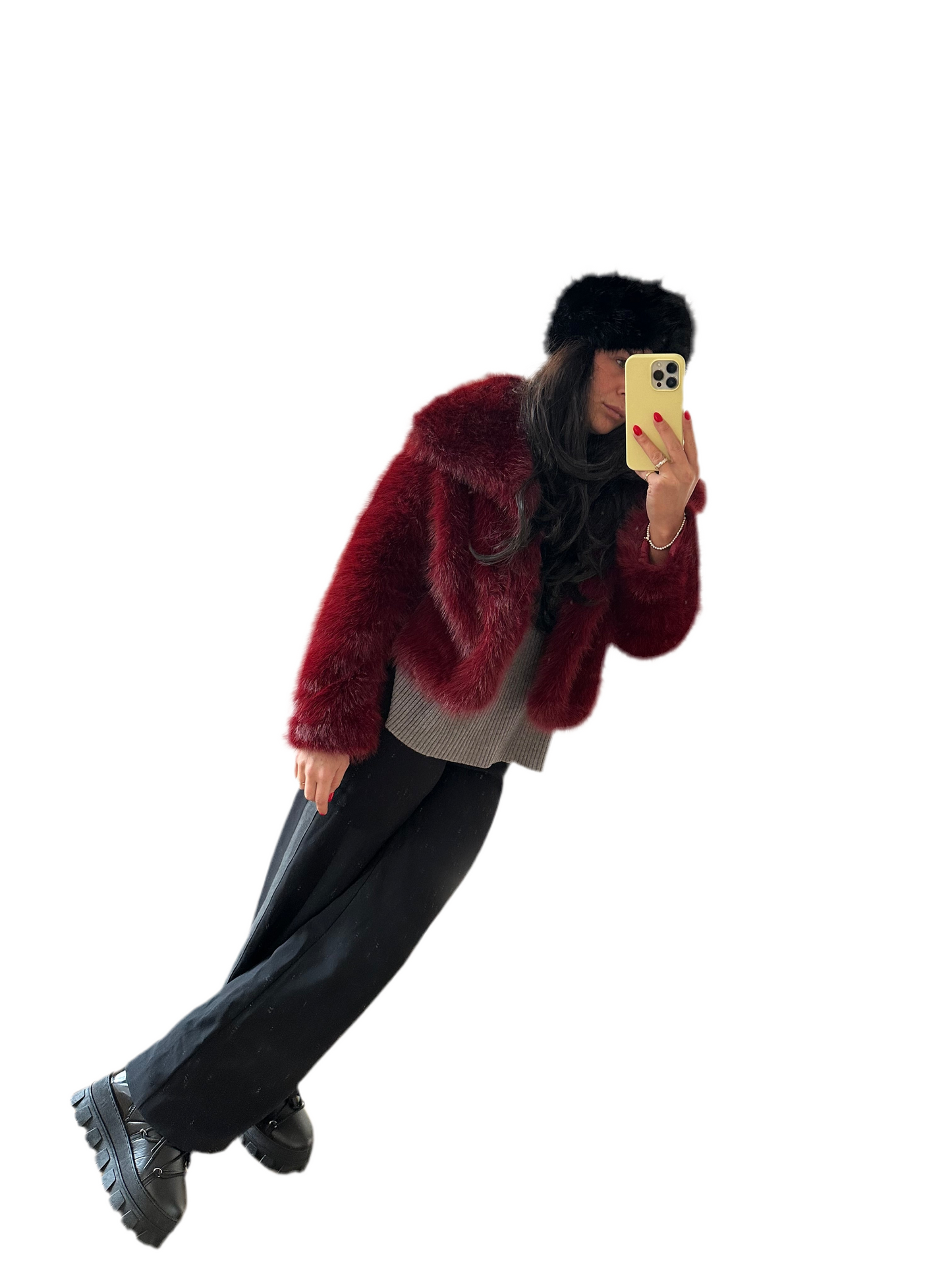 Fake Fur Jacke - BURGUNDY RED